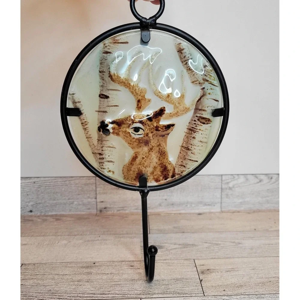Decorative Stained Textured Glass Deer Trees Suncatcher Coat Hook Hanger Metal